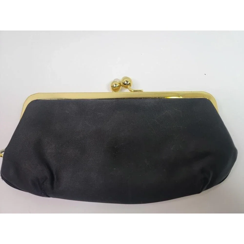 Vintage Stylemark by Mutterperl Black Satin Clutch Purse Gold Faux Pearl Clasp